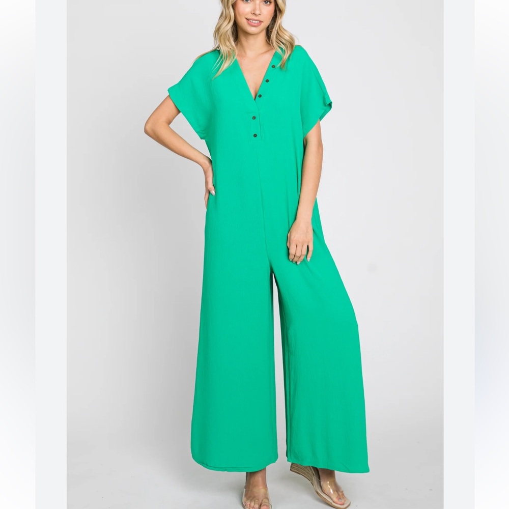 03 Boho Absolutely Fabulous Short Sleeve Wide Leg Button Front Jumpsuit